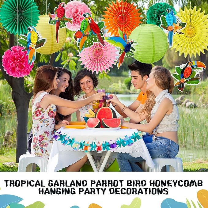 Frienda 19 Pcs Hawaiian Tropical Luau Party Decorations Tropical Parrot Bird Honeycomb Hanging Garland Multicolour Paper Hibiscus Flower Summer Banner Lantern Fans for Tiki Bar Beach Jungle Party