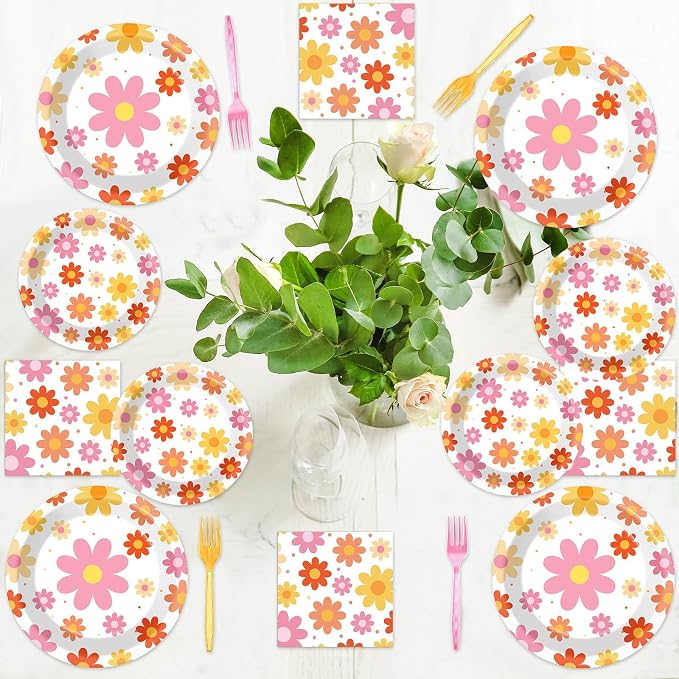 Qyeahkj 50 Guests Groovy Daisy Plates and Napkins Party Supplies Boho Hippie Party Decorations Disposable Tableware Set Retro Hippie Daisy Dinnerware Favor for Birthday Baby Shower,200PCS