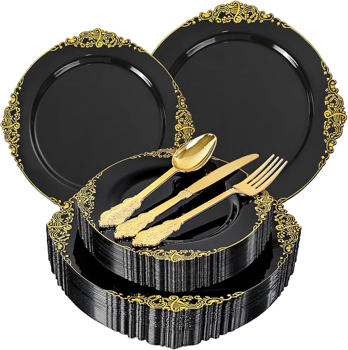 125PCS Black and Gold Plastic Plates - Black Disposable Dinnerware Set - Vintage Plastic Plates with Gold Silverware for 25 Guests for Wedding Party