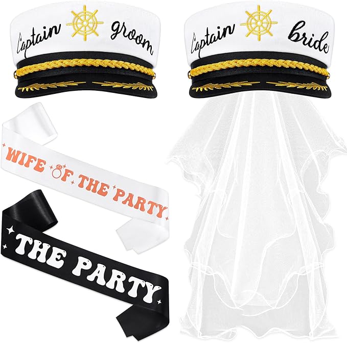 JaGely 4 Pcs Groom Bride Captain Hat with Veil Bachelor Sash Bachelorette Accessories for Wedding Bridal Shower Honeymoon