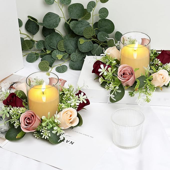 6 Sets Rose Candle Rings Wreaths - Artificial Flowers Rings with Green Leaves LED Flameless Candles for Centerpiece Wedding Home Banquet Party Decor, Burgundy Pink Champagne