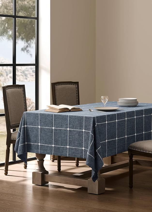 ZeeMart Grid Embroidered Hemmed Tablecloths, Navy Blue 52x52 Inch, Farmhouse Style Heavy Weight Cotton Linen Dark Blue Tablecloths, Boho Plaid Water Resistant Square Table Cloth