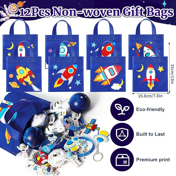 SNLN Outer Space Party Favors Birthday Supplies Non-Woven Gift Bag Stress Ball Spaceship Toy Astronaut Eraser Silicone Bracelet Keychain Tattoo Sticker Galaxy Space Goodie Bags Party Decoration
