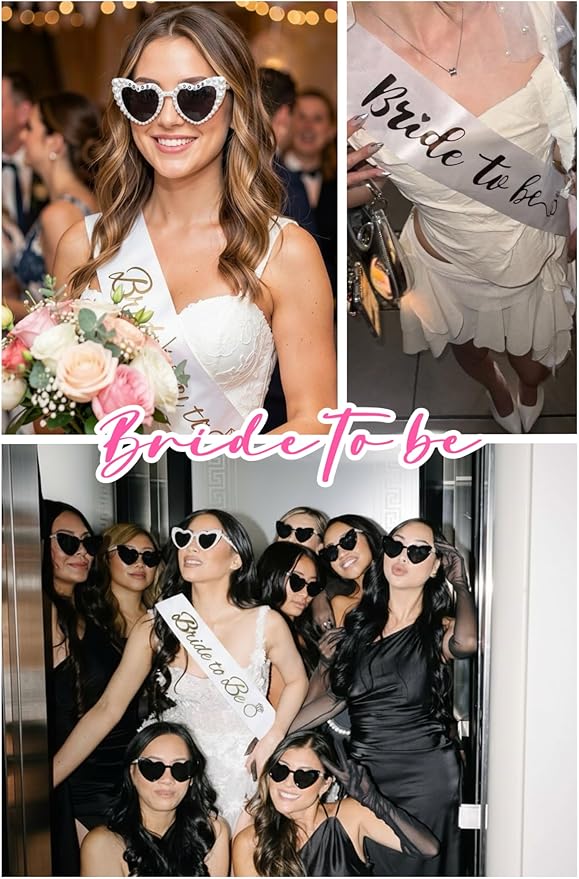 WOVOWOVO Bridal Shower Gifts for Bride To Be: Bachelorette Party Accessories Wedding Gifts - Bride Sash, Makeup Bag, Hair Clip, White Hair Bow, Sunglasses and Facial Headband