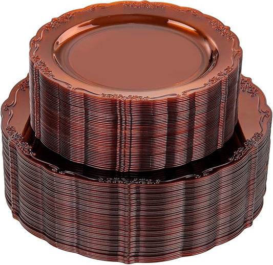 U-QE 100PCS Amber Plastic Plates - Clear Brown Plastic Plates Disposable Heavy Duty - Disposable Plates for Party Including 50PCS 10'' Dinner & 50PCS 7.5'' Dessert Plate