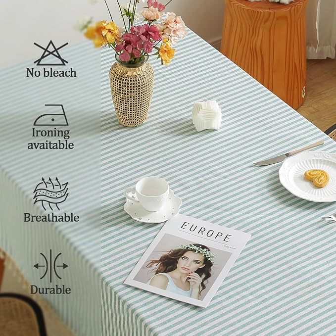 meioro Striped Tablecloth Rectangle Tablecloths Cotton Blend Table Cloth Washable Tabletop Decorative Fabric Table Cover for Kitchen Dinning (Green, 52 x 70 Inch)