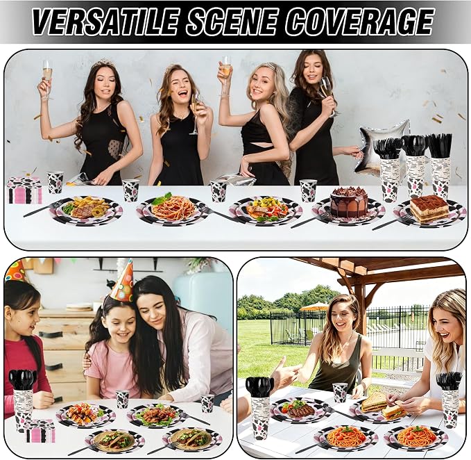 400 Pcs Disposable Pink Cow Print Tableware Set for 50 Guests | Heavy-Duty 7" & 9" Paper Plates, Cups, 13" Napkins & Plastic Cutlery for Cow Birthday, Farm and Western Party Supplies