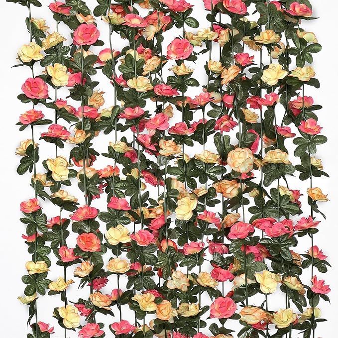 KHOYIME 9 Pack 72 FT Artificial Flower Garland, Fake Champagne Roses Vines Silk Flowers Faux Outdoor Hanging Floral Ivy Garland Decoration for Wedding Arch Bedroom Home Wall Backdrop Room Decor