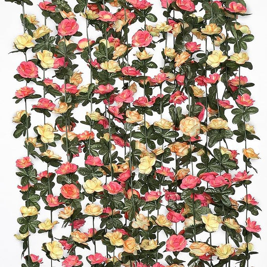 KHOYIME 9 Pack 72 FT Artificial Flower Garland, Fake Champagne Roses Vines Silk Flowers Faux Outdoor Hanging Floral Ivy Garland Decoration for Wedding Arch Bedroom Home Wall Backdrop Room Decor
