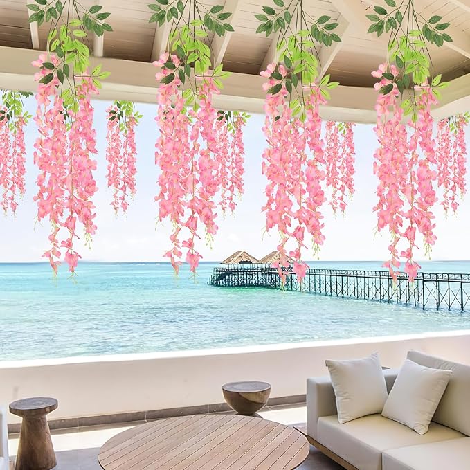 BLEUM CADE 10Pcs Deep Pink Fake Wisteria Hanging Flowers, 3.6Ft/Pcs Artificial Wisteria Garland, Hanging Flowers for Wedding Party Home Backdrop Wall Decoration