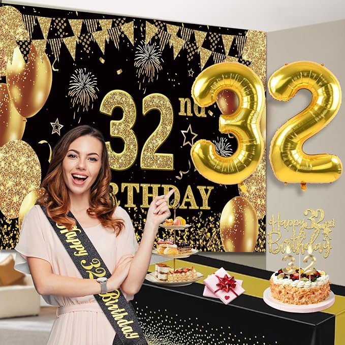 32nd Birthday Decorations Men Women with 32nd Birthday Banner, Black and Gold Table Cloth, Number Balloons, Large Sash, Cake Topper and Candles
