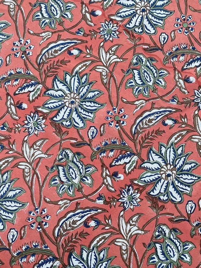 Ridhi Round Tablecloth Hand Block Print 100% Cotton Reusable Peach and Berry Blue 110 Inch Table Cover Decorative Everyday Use for Dining, Home, Farmhouse Gift for Spring, Mother's Day