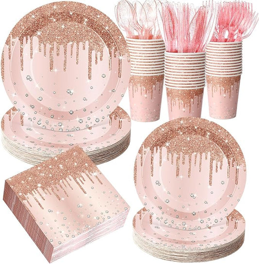 400 Pcs Gold Birthday Party Supplies Disposable Paper Plates Glitter Diamonds Napkins and Cups for Women Birthday Anniversary Wedding Party Decorations Supplies(Rose Gold)