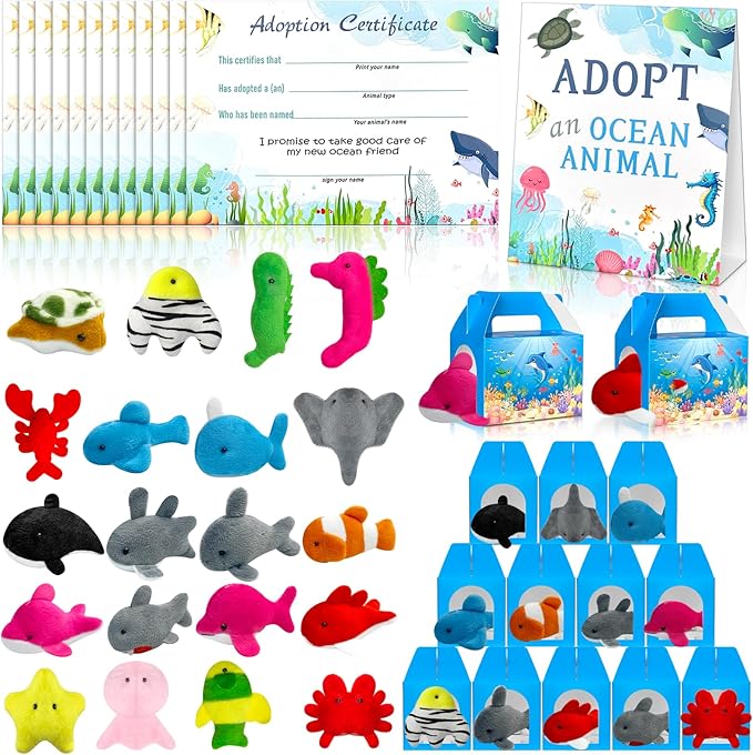 61 Pcs Adopt a Pet Ocean Animal Party Favors Include 20 Mini Plush Ocean Animal 20 Foldable Boxes 20 Adopt Animal Cards 1 Adopt Sign for Adopt a Pet Party(61 Pcs Ocean)