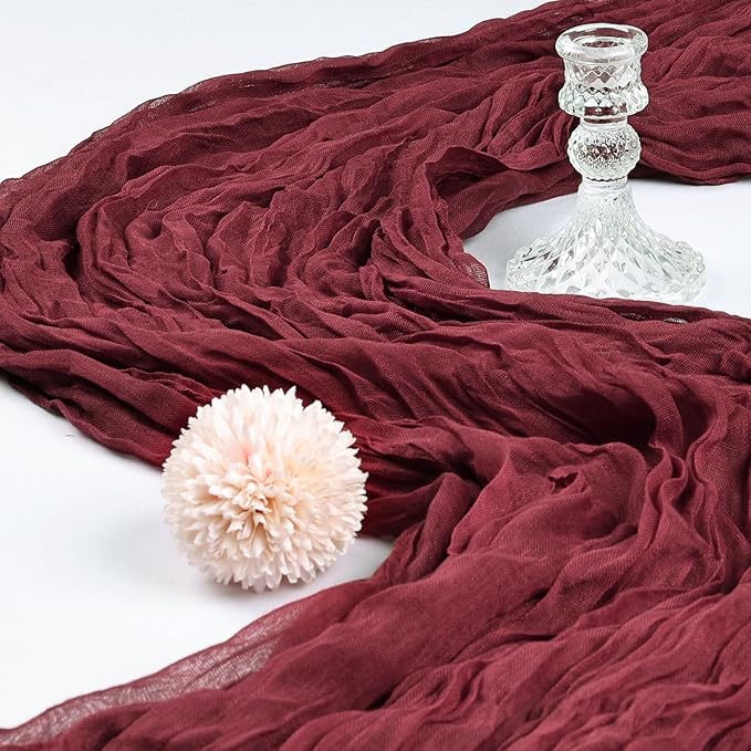 6 Pack 10FT Burgundy Cheesecloth Table Runner 120 Inch Long Gauze Rustic Boho Spring Cheese Cloth Table Runner Sheer Fabric Decorations for Holiday Party Wedding Banquet Bridal Baby Shower Décor