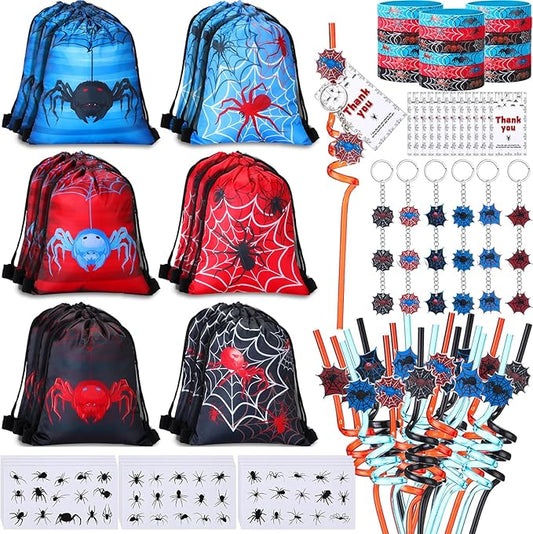 LemonRoad 109 Pcs Spider Party Favors Set Birthday Supplies Includes Drawstring Bags Keychains Bracelets Stickers Straws Tags for Spider Theme Party