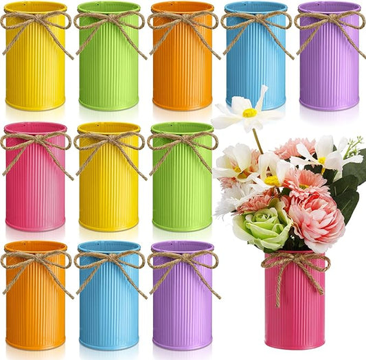Rustic Vase for Table Centerpieces 4.33 Inch Small Petite Flower Vase with Twine Bow Vintage Farmhouse Decor for Wedding Reception Dining, Home Galvanized Metal Buckets(Multicolor,12 Pcs)