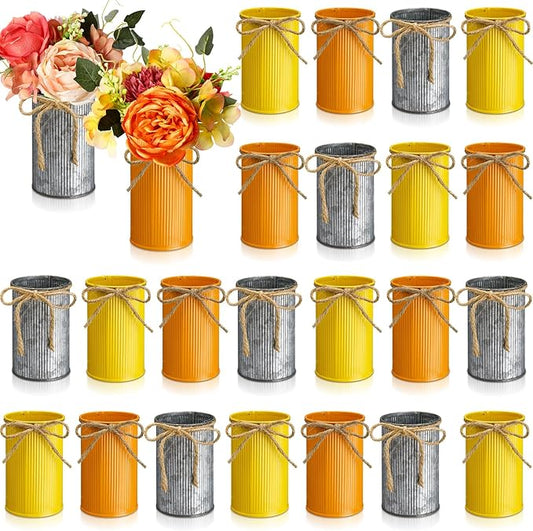 Rustic Vase for Table Centerpieces 4.33 Inch Small Petite Flower Vase with Twine Bow Vintage Farmhouse Decor for Wedding Reception Dining, Home Galvanized Metal Buckets(Yellow, Orange, Iron,24 Pcs)
