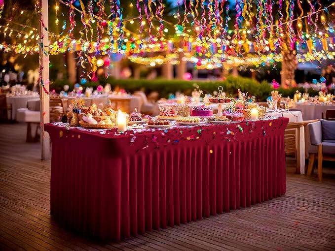 fani 6 Packs Burgundy Stretch Table Skirts for 6 Foot Rectangle Table, Washable Spandex Stretch Tablecloths with Skirt, Wrinkle Resistant Fitted Tablecover for Wedding Party Banquet