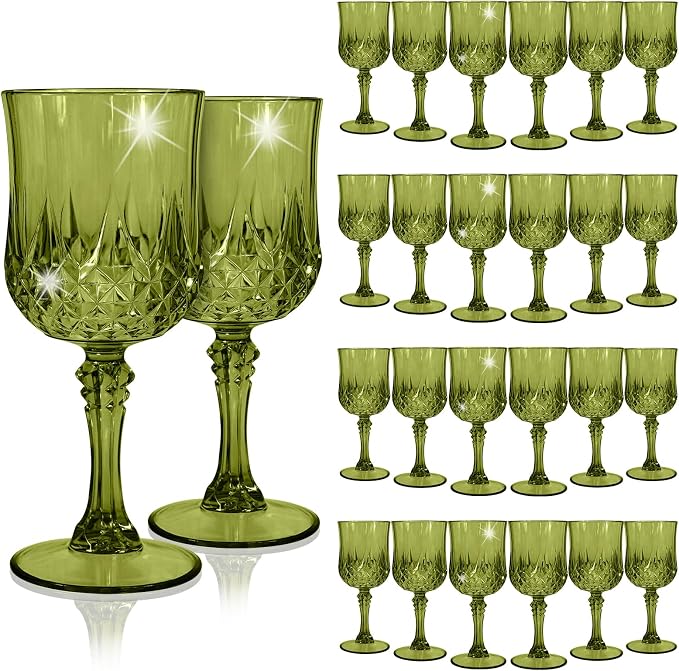 24Pack Green Plastic Wine Glasses,Vintage Plastic Goblets for Parties, Dark Green Drinking Glasses Crystal Water Goblets Reusable for Wedding Reception, Grand Event Party Supplies