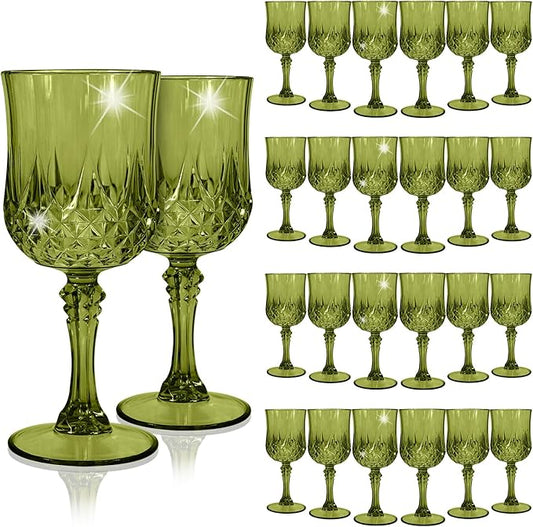 24Pack Green Plastic Wine Glasses,Vintage Plastic Goblets for Parties, Dark Green Drinking Glasses Crystal Water Goblets Reusable for Wedding Reception, Grand Event Party Supplies