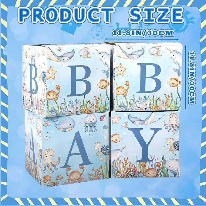4 Pcs Under The Sea Baby Shower Boxes Ocean Theme Baby Shower Decorations Blocks with Letter Underwater Sea You Soon Party Centerpiece for Backdrop