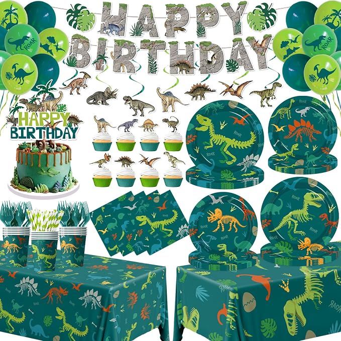 Dinosaur Birthday Decorations, 197Pcs Dinosaur Party Decorations Tableware Set Include Dinosaur Plates,Napkins,Cups,Balloon,Banner,Hanging Swirl,Cake Toppers,Tablecloth for Boy Dino Birthday Supplies