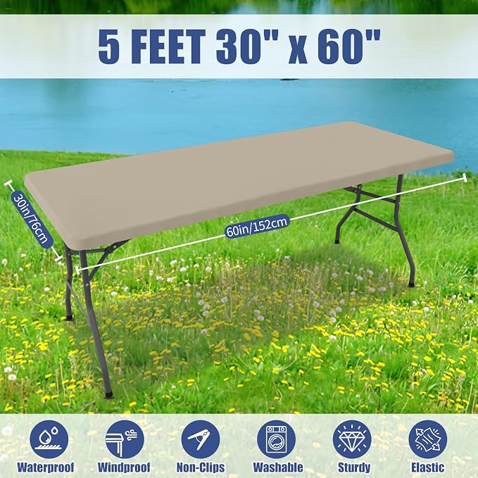 Moosfor Spandex 5 Foot Rectangle Table Cloth 4 Pack, Elastic Fitted Tablecloths for Picnic, Stretch Washable Patio Table Cover for Outdoor, Camping, Banquet and Parties (Taupe, 30"x60")