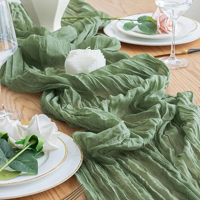 6PCS Table Runner Cheesecloth 10FT Sage Green Boho Gauze Cheese Cloth Rustic Sheer Table Runners for Wedding Bridal Baby Shower Party Decoration