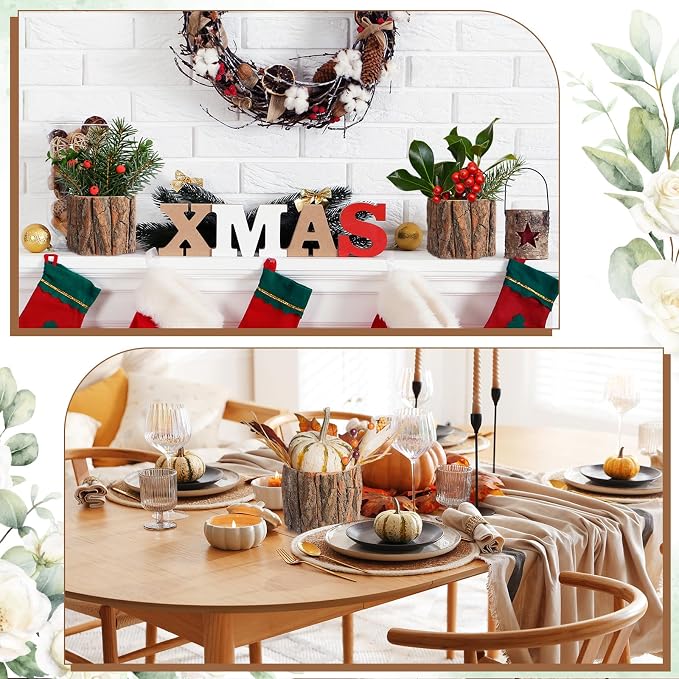 3 Pcs Wooden Vase for Centerpieces Wedding Flower Table Centerpieces Woodland Party Decor Rustic Farmhouse Bark Stump Buckets Vintage Planter Pots for Garden Baby Shower Window Home (Large)