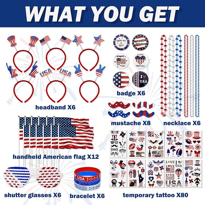 136PCS 4th of July Accessories - Patriotic Party Pavors Fourth of July Supplies USA Themed Decoration Memorial Independence Day American Flag Headband Shutter Glasses Tattoo Sticker Necklace
