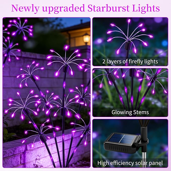Solar Garden Lights Outdoor, 4 Pack 2-Layer Purple Solar Firework Lights, Waterproof Starburst Fairy Light Garden Decor for Yard Patio Pathway Lawn, Unique Gifts for Women Mom Grandma Mother's Day