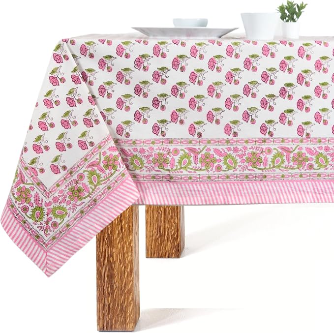 Block Print Table Cloth- 54x108 Inch Rectangle 100% Cotton Handmade Pre-Shrink, Washable for Spring, Kitchen & Dining Perfect for Patio, Indoor & Outdoor, Farmhouse
