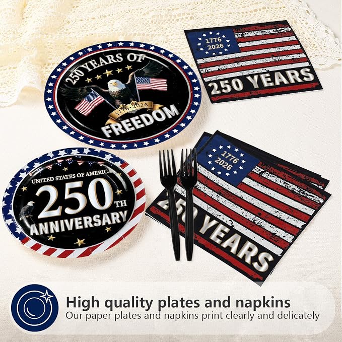 96 Pcs 250 Anniversary USA Party Decorations Patriotic Red and Blue America Flag Plates and Napkins Disposable 4th of July Tableware for USA 250th Patriotic Independence Day Party Supplies Serves 24