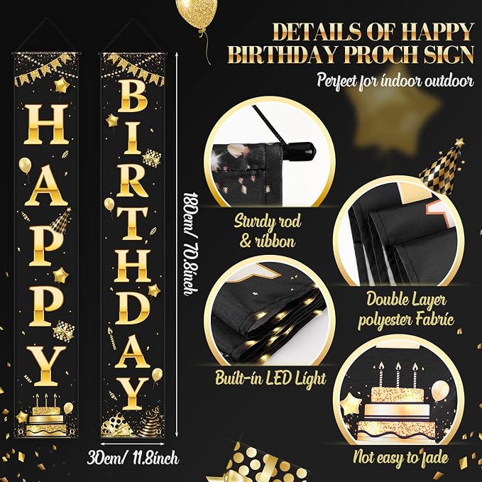 Breling Happy Birthday Banner with Lights 71 x 12 Inch LED Happy Birthday Decoration Door Banner Party Porch Sign Outdoor Indoor Hanging Supplies for Women Men(Black Gold)