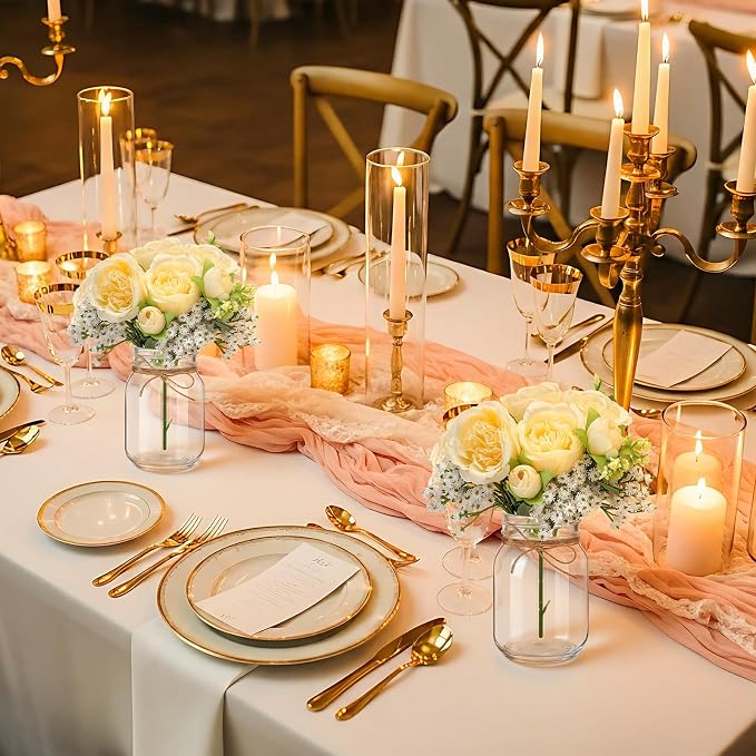 XunYee 10 Set Mason Jar Table Centerpiece with Flower Mason Jar Flower Centerpiece Vases Decor for Engagement Party Bridal Shower Wedding Reception Table Decor (Champagne,Peony, Gypsophila)