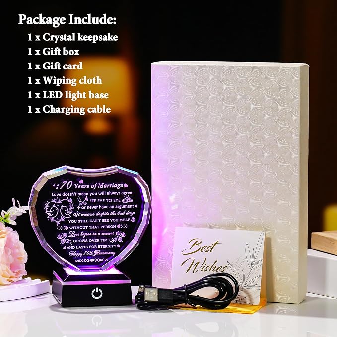 Arikyrist 70th Wedding Anniversary Crystal Heart Gifts for Couple, Laser Engraved 70 Year Anniversary Crystal Gifts for Wife Husband Parents, Romantic 70 Years of Marriage Gift for Him Her Friends