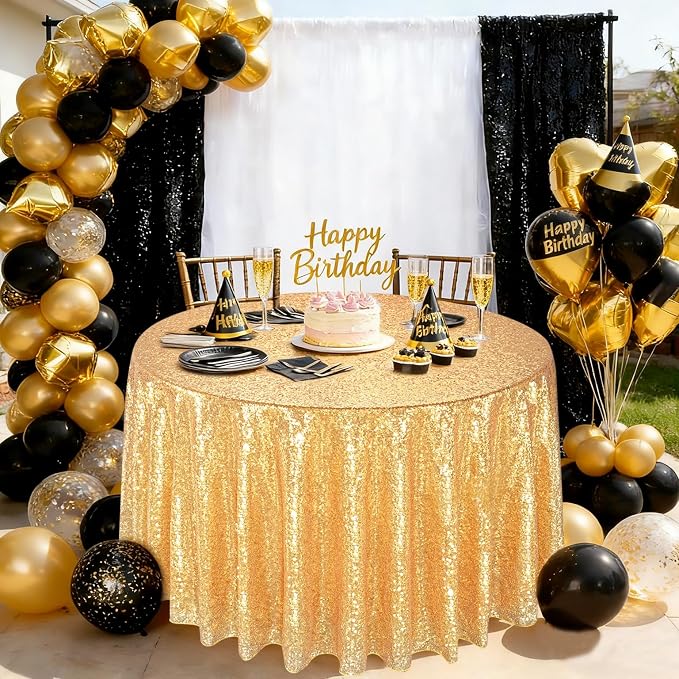 B-COOL Gold Tablecloth Party Decoration: 120 Inch Round Table Cloth Sequin Fabric Overlay for Outdoor Dining Cocktail Parties