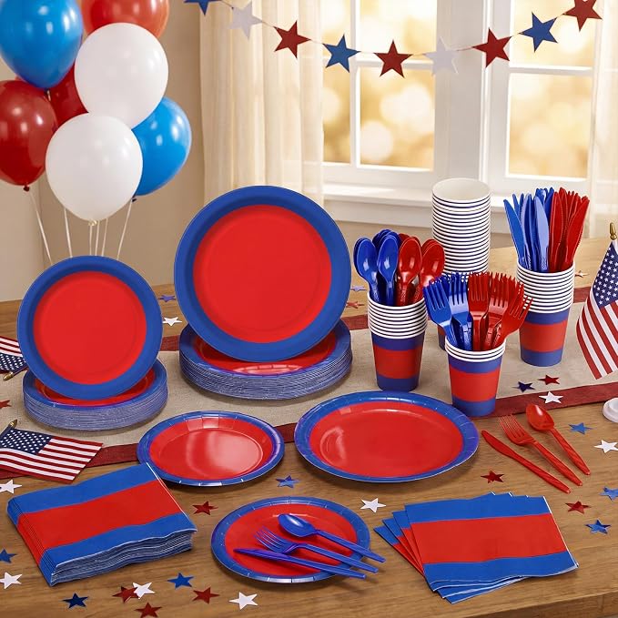 400 Pcs Red and Blue Party Decoration for 50, Blue Red Paper Plates Napkins Cups Tablecloth Cutlery Disposable Tableware Set for Spider Birthday 4th of July Party Supplies