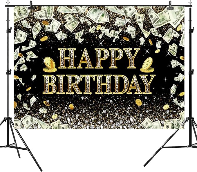 15x10ft Happy Birthday Backdrop Dollar Bill Theme Photography Background Money Glitter Diamond Girls Boys Birthdays Party Banner Decorations Gold Coins Men Women Parties Photo Booth Prop