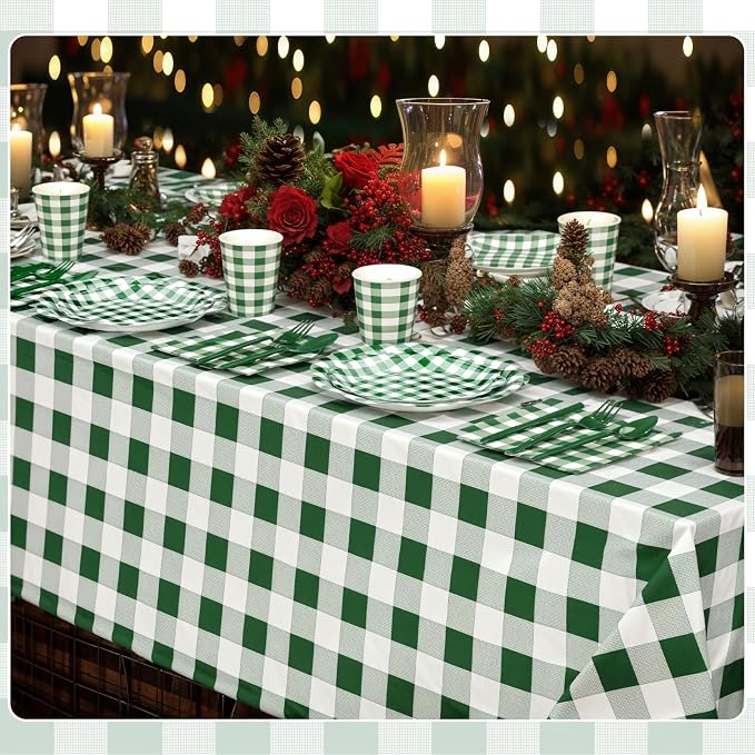 Funnymoom 452 Pcs Green Gingham Party Supplies for 50, Dark Green Plaid Checkered Paper Plates Napkins Cups Tablecloth Cutlery Straws for Holiday Birthday Baby Shower Party Decoration