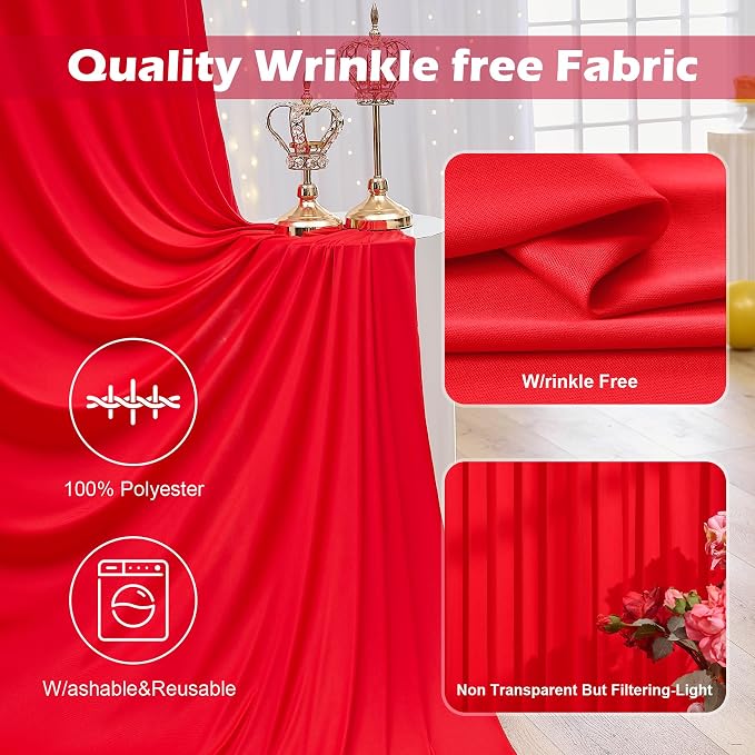 40ft x 10ft Wrinkle Free Red Backdrop Curtain for Parties, 8 Panels 5×10ft Silky Polyester Red Photo Backdrop Drapes Back Drop Cloth for Birthday Theme Party Wedding Photography Background