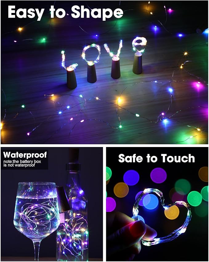 Hortsun 80 Pack Wine Bottle LED Lights with Cork Fairy Mini String Lights Battery Operated Mini Waterproof 7 ft Silver Wire 20 LED Cork Shape for Valentines, DIY, Party, Decor, Wedding (Multicolor)
