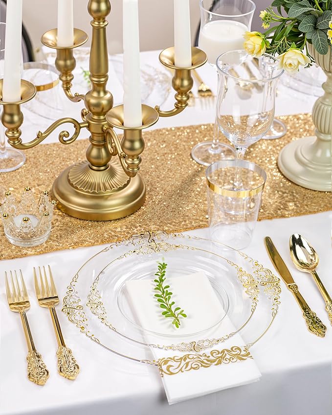 Nervure 100PCS Clear and Gold Plastic Plates - 10.25Inch Gold Disposable Plates - Heavyweight Dinner Plate for Wedding & Party