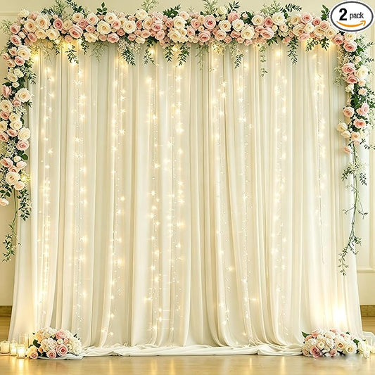 10 x 10ft Ivory Backdrop Curtains with Lights String for Wedding Photo Backdrop Drapes Wrinkle Free Polyester Curtains Backdrop for Baby Shower Birthday Parties Reception Ceremony - 5 x 10ft 2 Panels