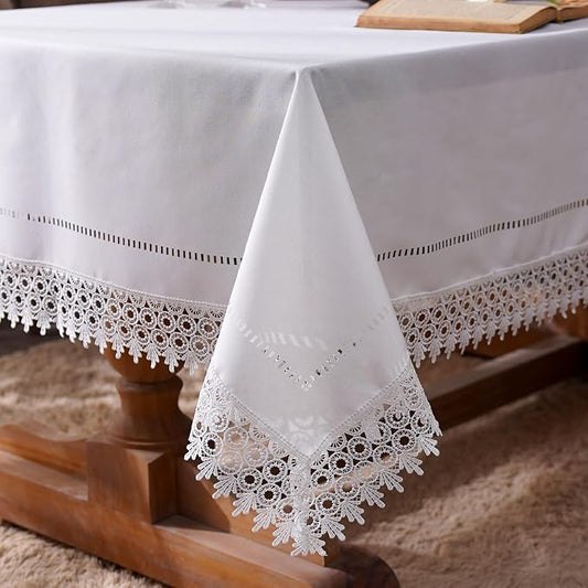 ARTABEL Cut Work Table Cloths with Lace Laser Die-Cut Exquisite Vintage Shabby Chic for Holiday Wedding Long Dinner Tables (Offwhite, 60 x 104 Inch)