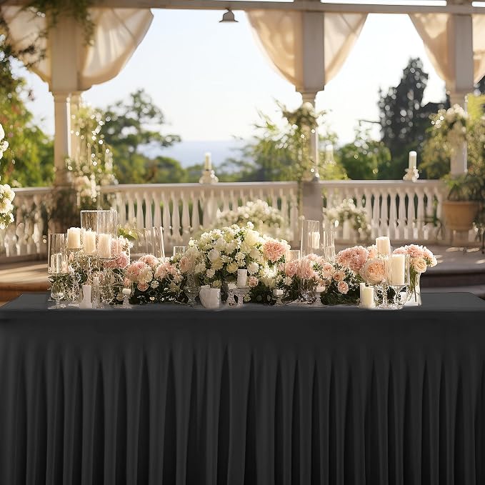 1 Pack Black Table Clothes for 6 Foot Rectangle Tables, Wrinkle Resistant Stretch Spandex Table Covers Fitted Tablecloth with Skirt for Event Banquet Wedding Birthday Party