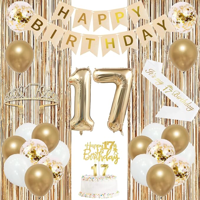 Trgowaul 17th Birthday Decorations for Girls, Happy Birthday Banner, Sash and Crown, 17 Number Balloon, Fringe Curtains, Champagne Gold 17-Year-Old Old Party Supplies