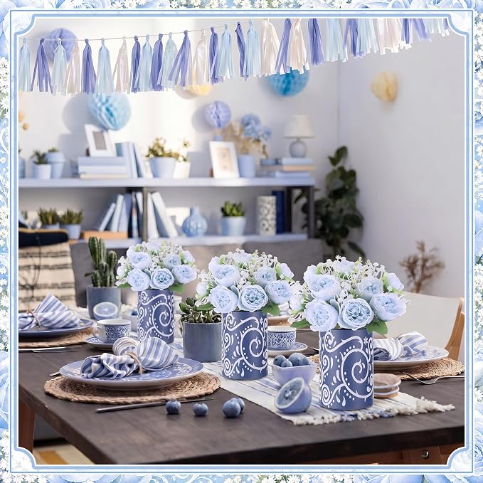 Mumufy 30 Pcs Blue Fiesta Table Centerpieces with Cardboard Paper Vases and Artificial Flowers, Cielito Lindo Mexican Baby Shower Decor for Boy, Bridal Shower, Wedding, Taco Party, Cinco De Mayo
