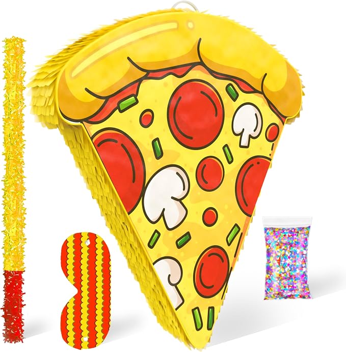 Jergrim Pizza Piñata 4 Piece Set With Stick And Blindfold For Birthday Party Favors Ninja Theme Birthday, School Pizza Party, Small Funny Piñata For Games & Decorations